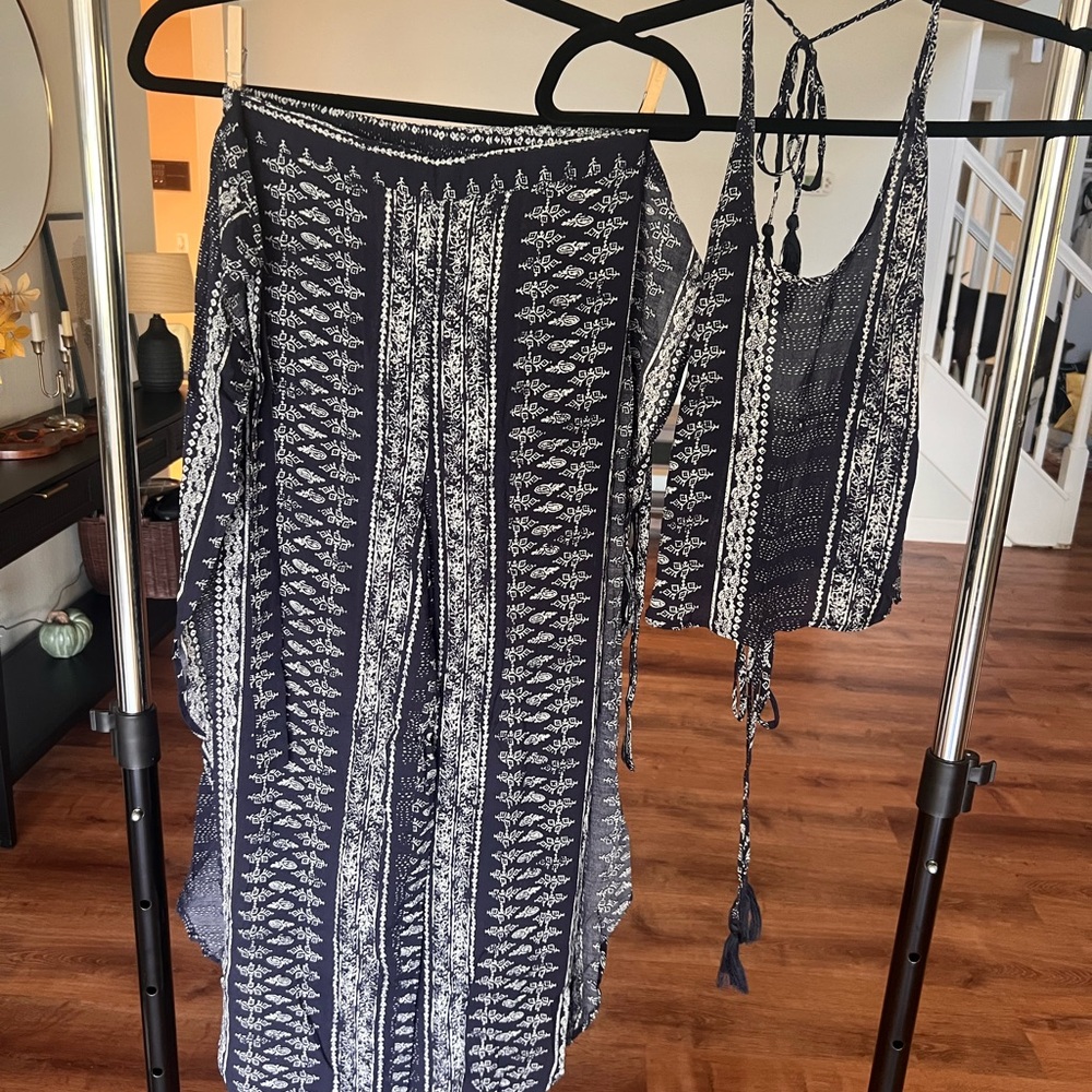 Olivaceous Navy and White Leaf Print Jumpsuit